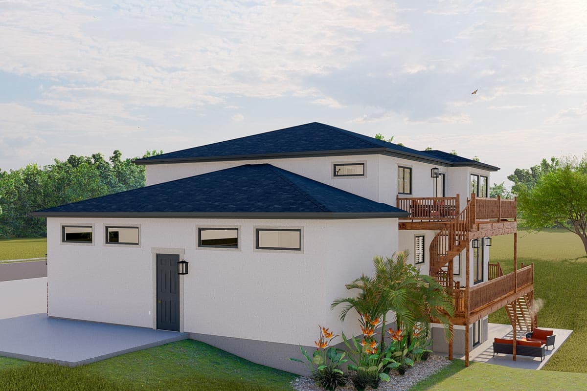 House plan exterior: Two-story modern design with white stucco, dark roof, multiple decks, and spiral staircase.