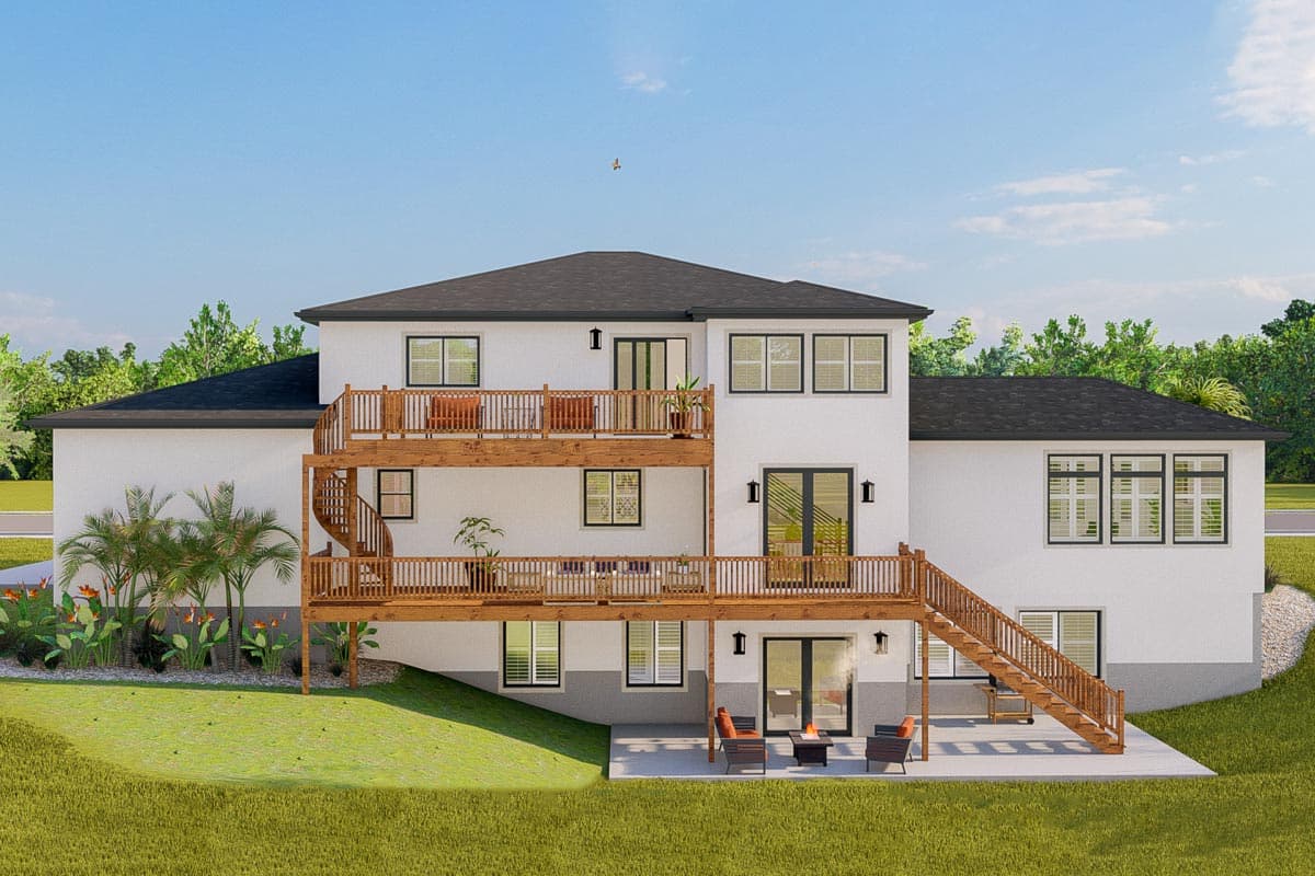 House plan exterior, three stories, white stucco finish, multiple decks, spiral staircase, and exterior stairs.
