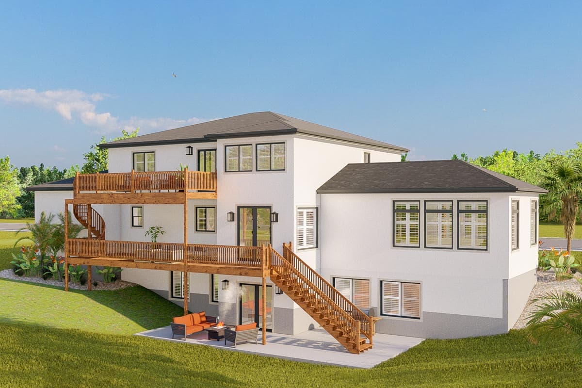 House plan exterior rendering: two-story house with multiple decks, spiral staircase, and exterior stairs to patio.