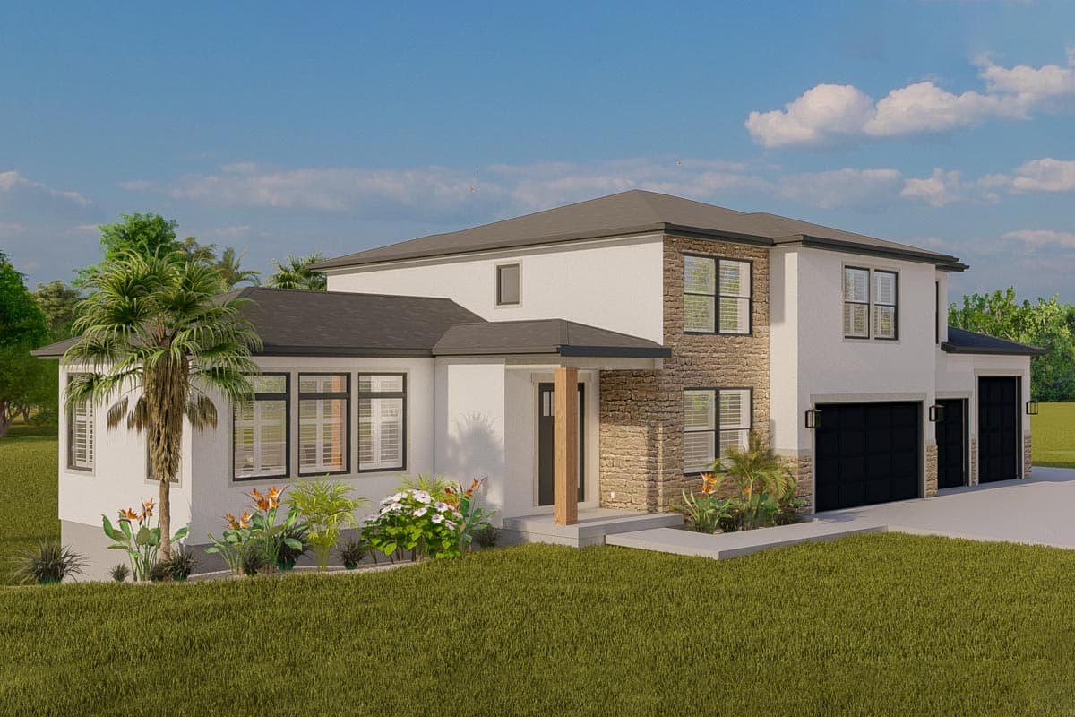 House plan exterior: Two-story modern home with stone accents, dark-framed windows, covered entry, and a three-car garage.