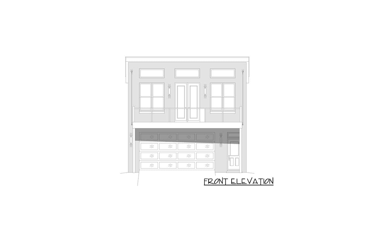 Front elevation drawing of a two-story house plan with a two-car garage, balcony, and double doors.