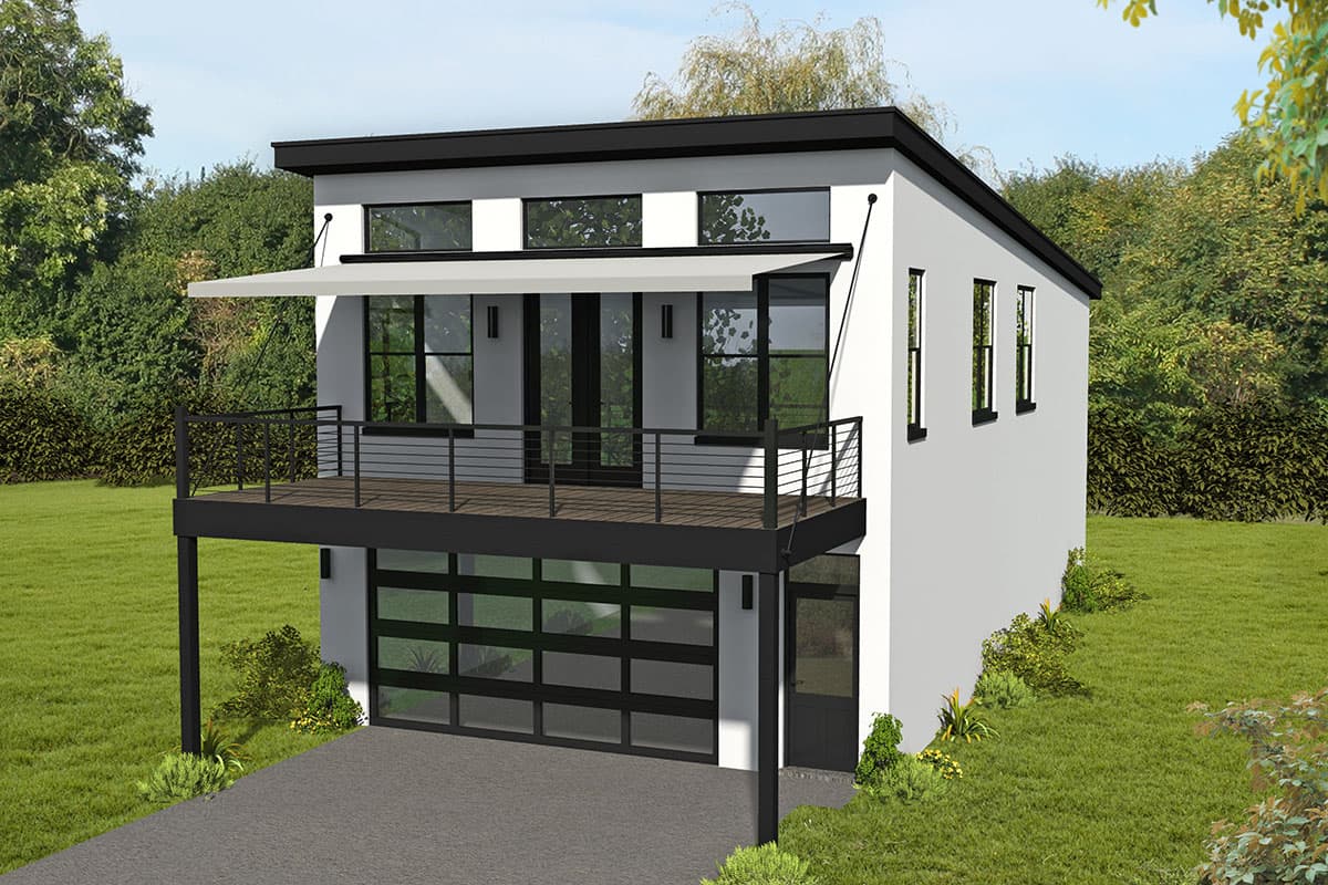Two-story modern house plan exterior with a cantilevered deck, glass garage door, and flat roofline.