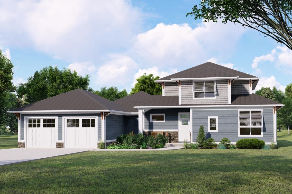 House plan exterior. Two-story Modern Farmhouse with a two-car garage, multiple gables, and a mix of siding and shake siding.