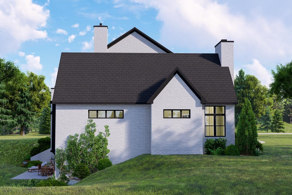 House plan exterior: Modern style, two stories, white brick, dark gable roof, prominent chimneys, and various window styles.