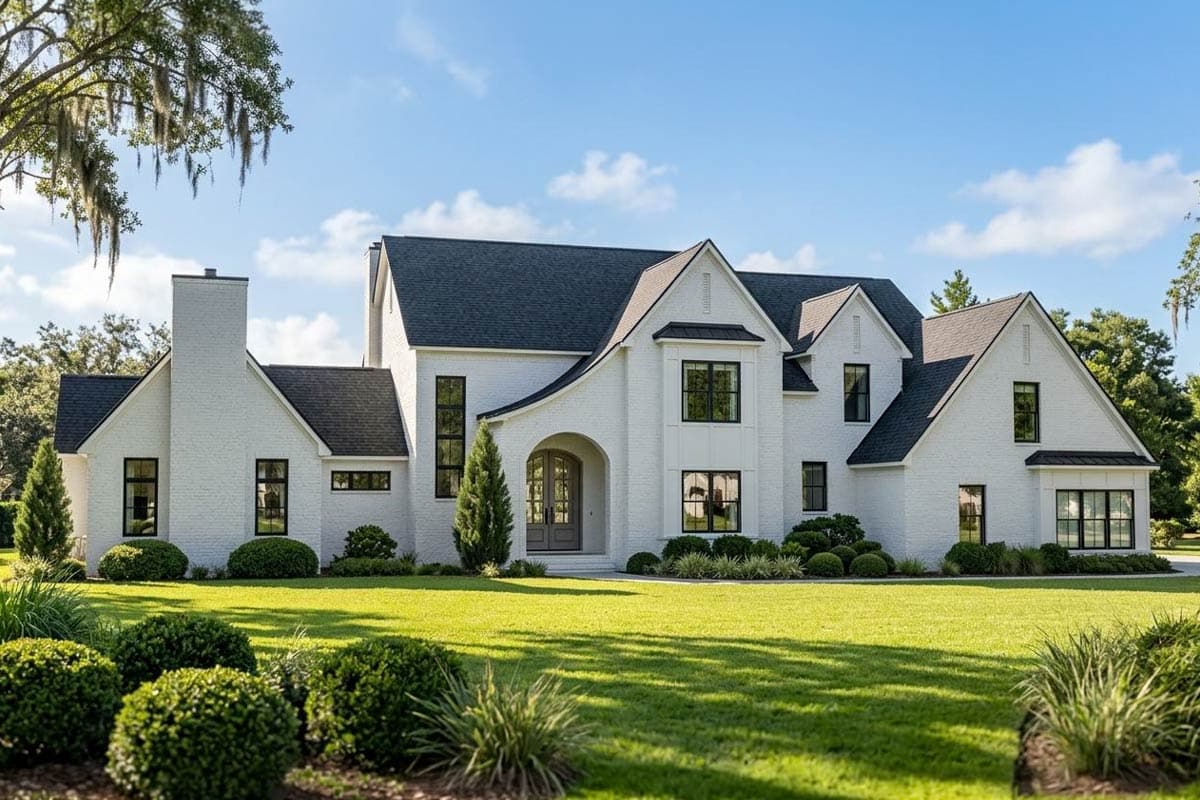 House plan exterior featuring two-story design with gabled roof, arched entryway, and a brick chimney. Modern style with dark trim.