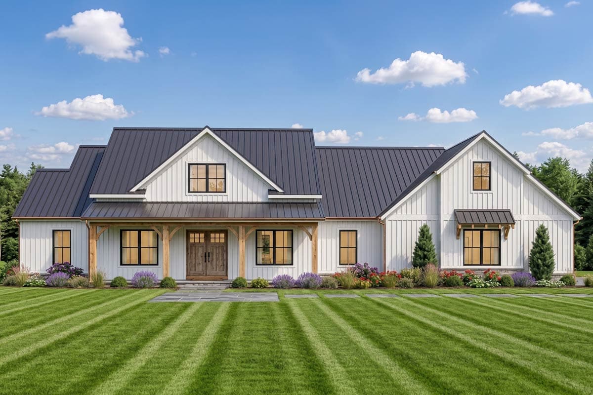 House plan exterior. Modern Farmhouse style with a gabled roof, a front porch, and dormers. Features include a brick base and black metal roof.