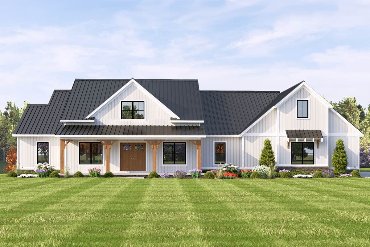 Modern Farmhouse house plan exterior with covered porch, dormer window, and two-car garage.
