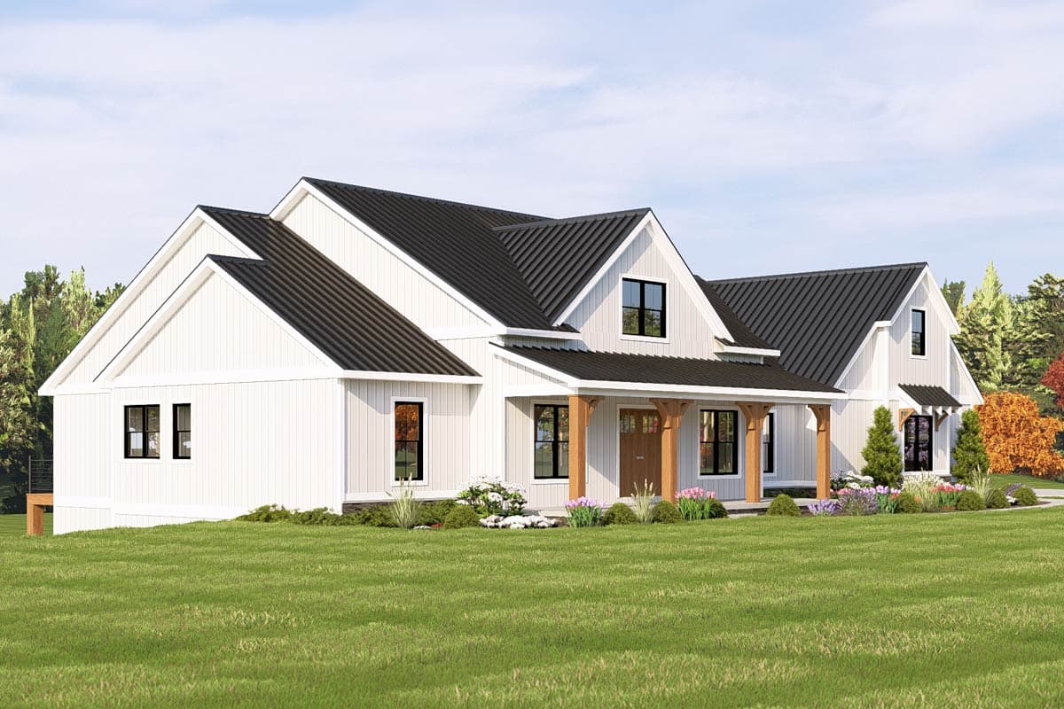 House plan exterior, two-story Modern Farmhouse with gables, metal roof, stone accents, and covered deck.