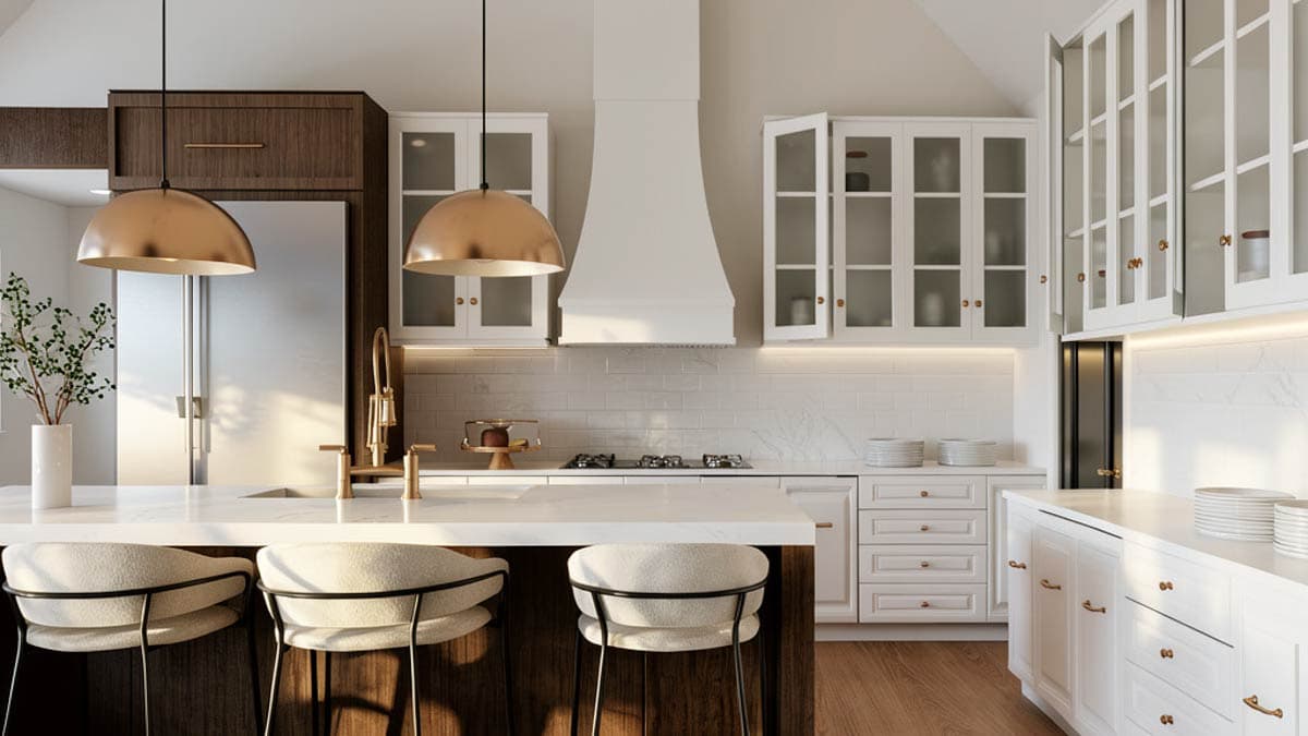 Kitchen featuring a large island with pendant lights, white cabinetry, a contemporary range hood, and subway tile backsplash.