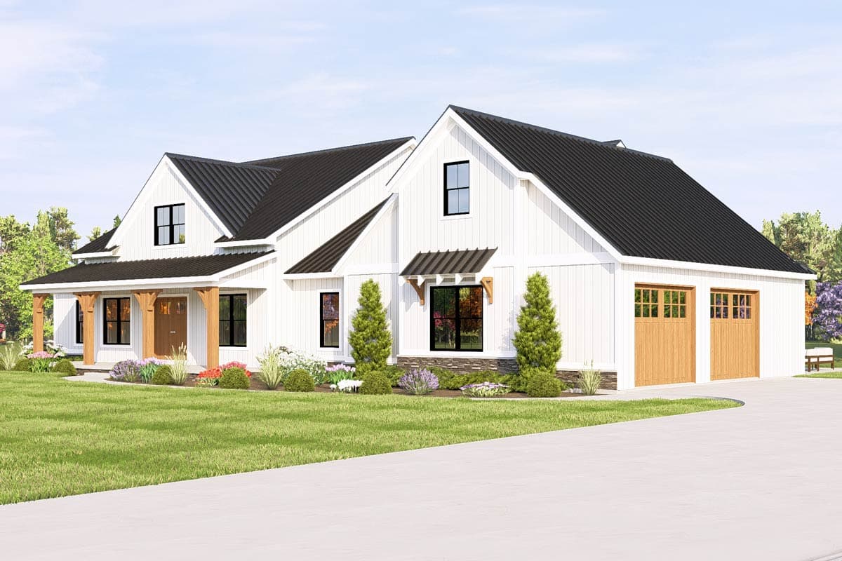 Modern farmhouse house plan exterior with white board and batten siding, a covered porch, gables, and a two-car garage.