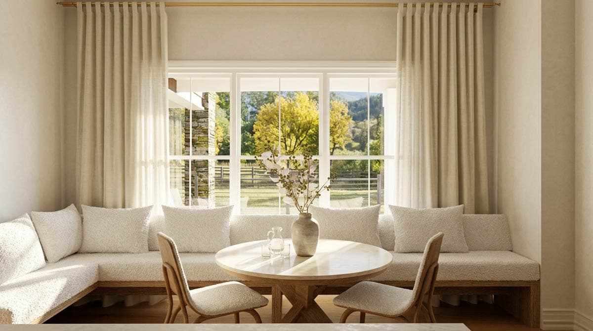 Interior rendering of a breakfast nook with built-in seating, round table, and large windows overlooking a rural landscape.