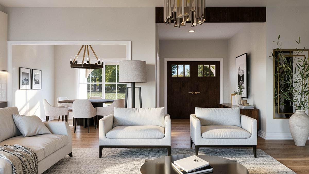 Interior rendering of a living area with sofas, armchairs, dining table, and a dark wood double door entry.