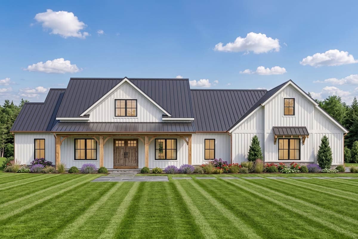 House plan exterior. Modern Farmhouse style with a gabled roof, a front porch, and dormers. Features include a brick base and black metal roof.