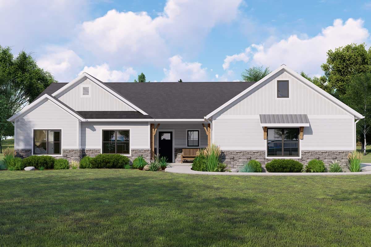 House plan exterior. Ranch style with a low-pitched roof, gabled rooflines, and stone accents. Features a covered porch and small awning.