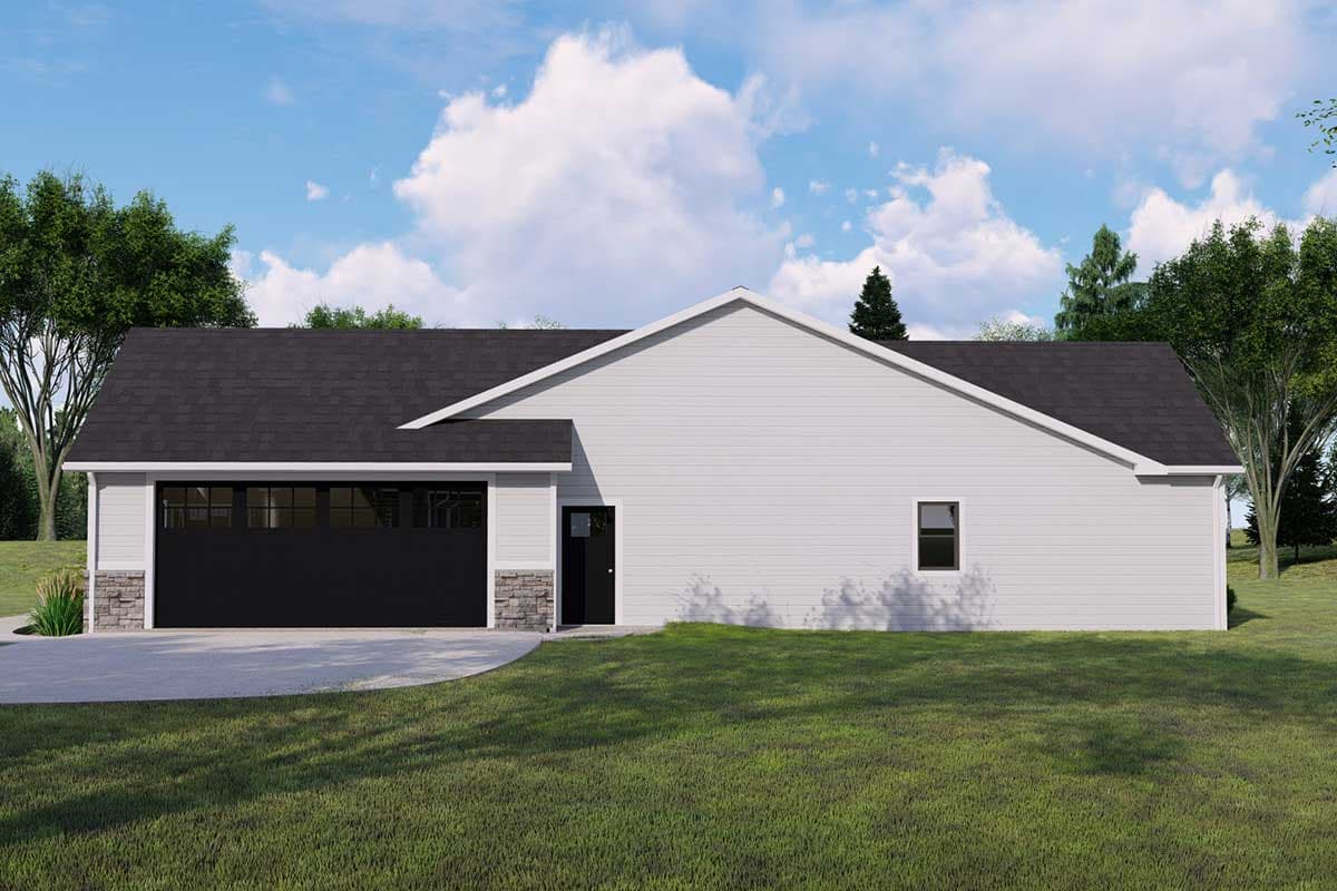 House plan exterior: Single-story modern design with a side-facing garage, stone accents, and a large gable roofline.