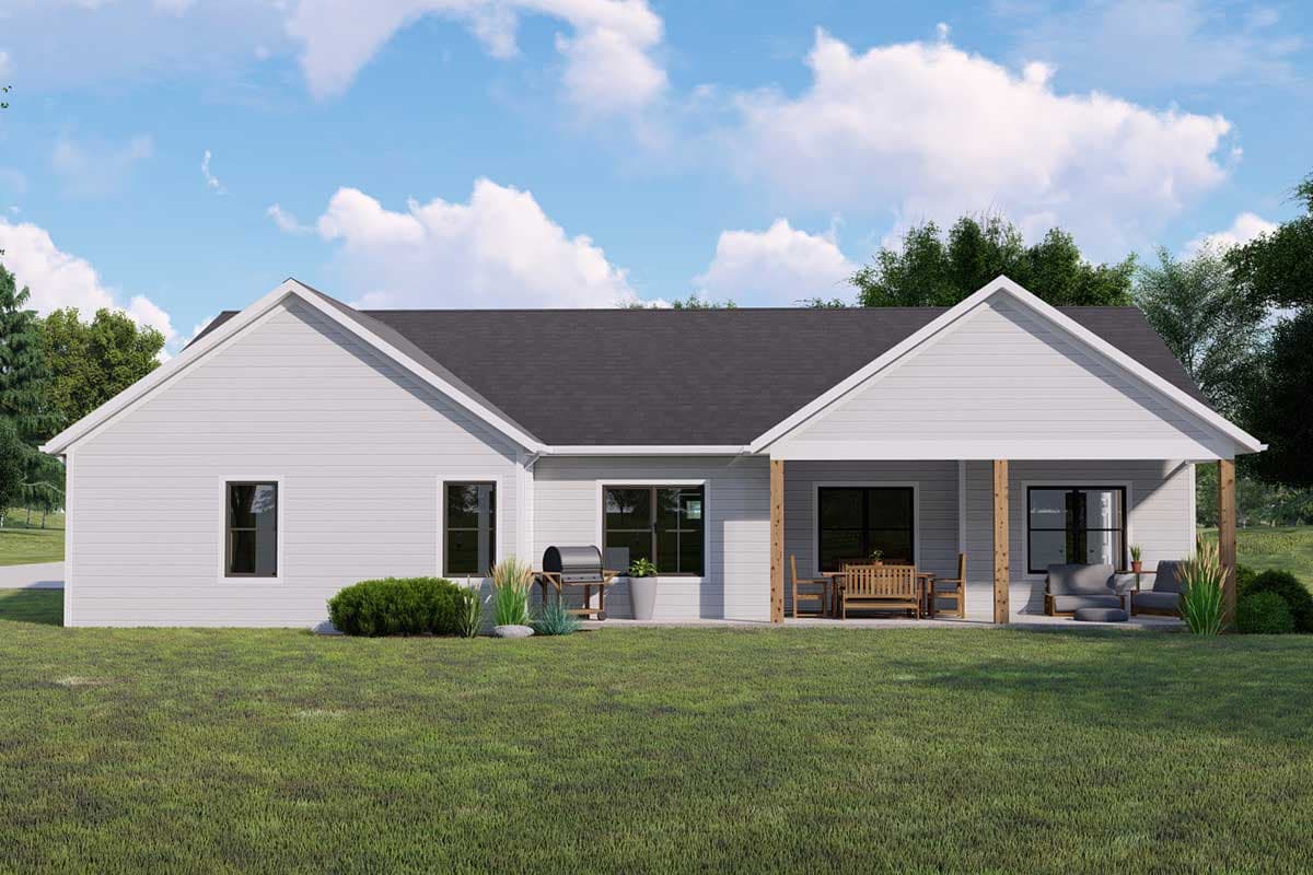 House plan exterior: single-story, gabled rooflines, covered porch with wooden posts, and vinyl siding.