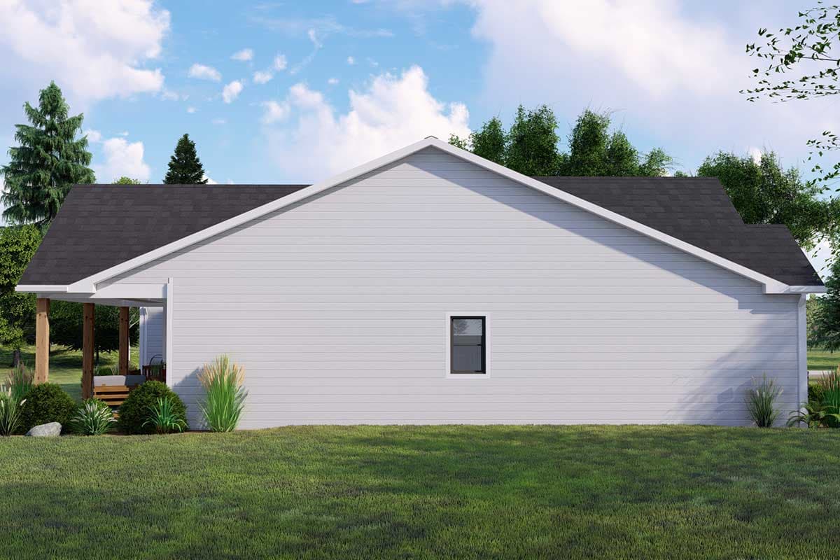 House plan exterior rendering: one-story modern farmhouse with a covered porch, gabled roof, and horizontal siding.