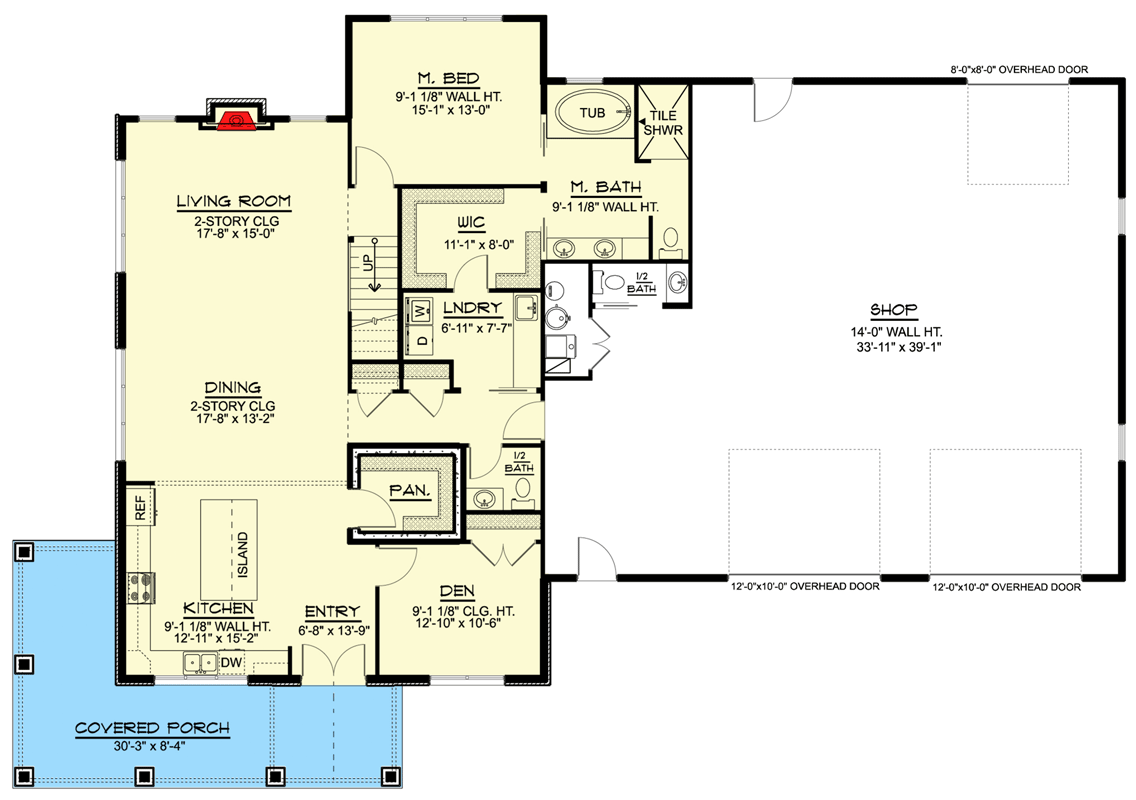 Plan 135061GRA: Barndominium with 2-Story Living Room and 4-Car Tandem Garage - 2765 Sq Ft - Floor Plan - Main Level - Barndominium, Country, Traditional, Vacation