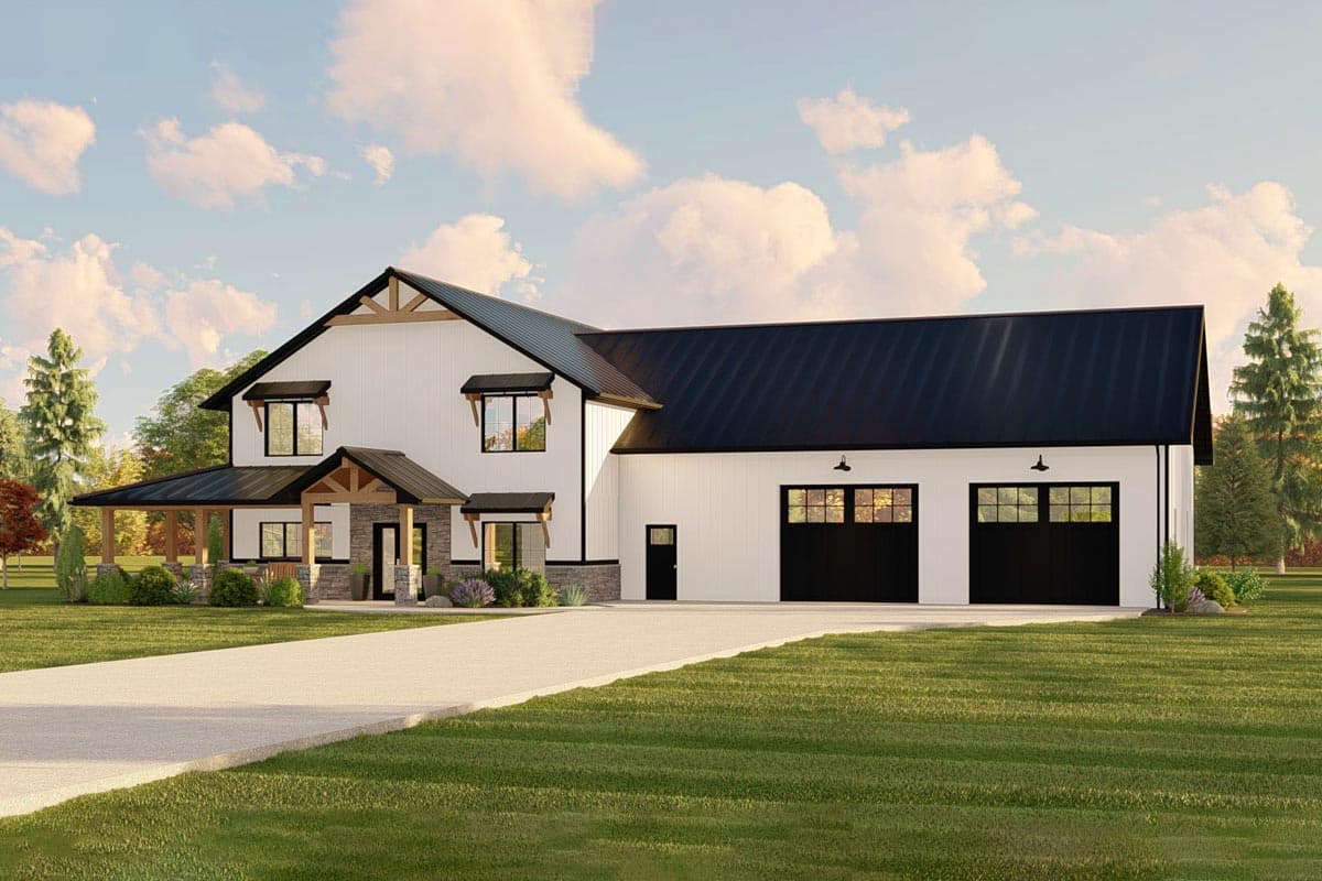 House plan exterior with board and batten siding, two stories, front porch, shed roof, and attached garage with two bays.