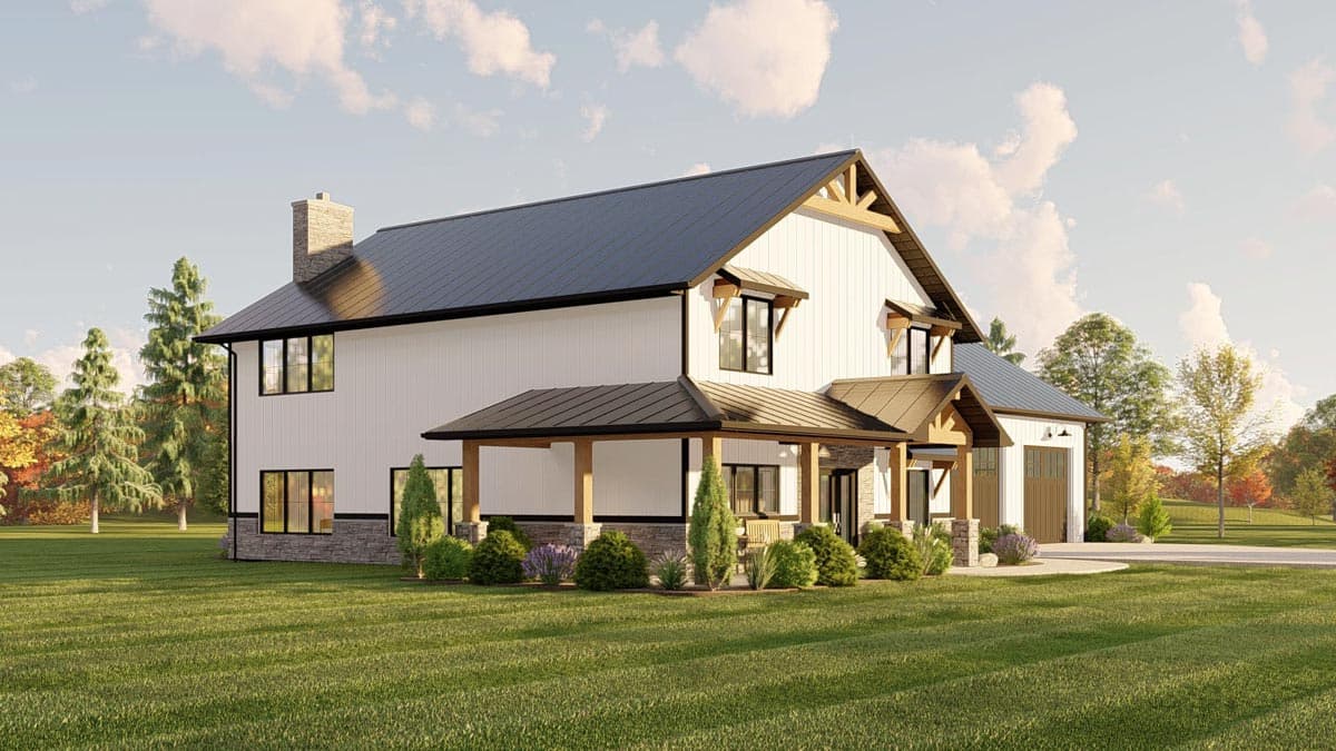 Modern farmhouse house plan exterior with two stories, board and batten siding, gables, and a covered porch.