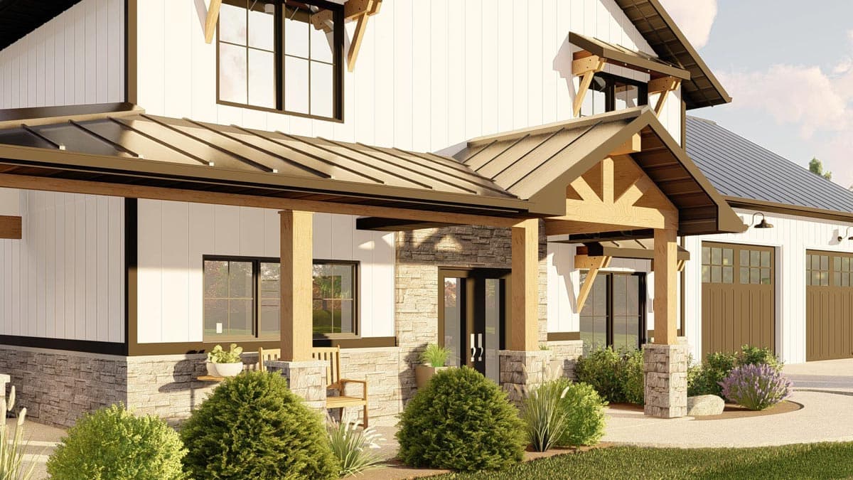 Modern Farmhouse house plan exterior with gabled porch, stone accents, wood beams, and a three-car garage.