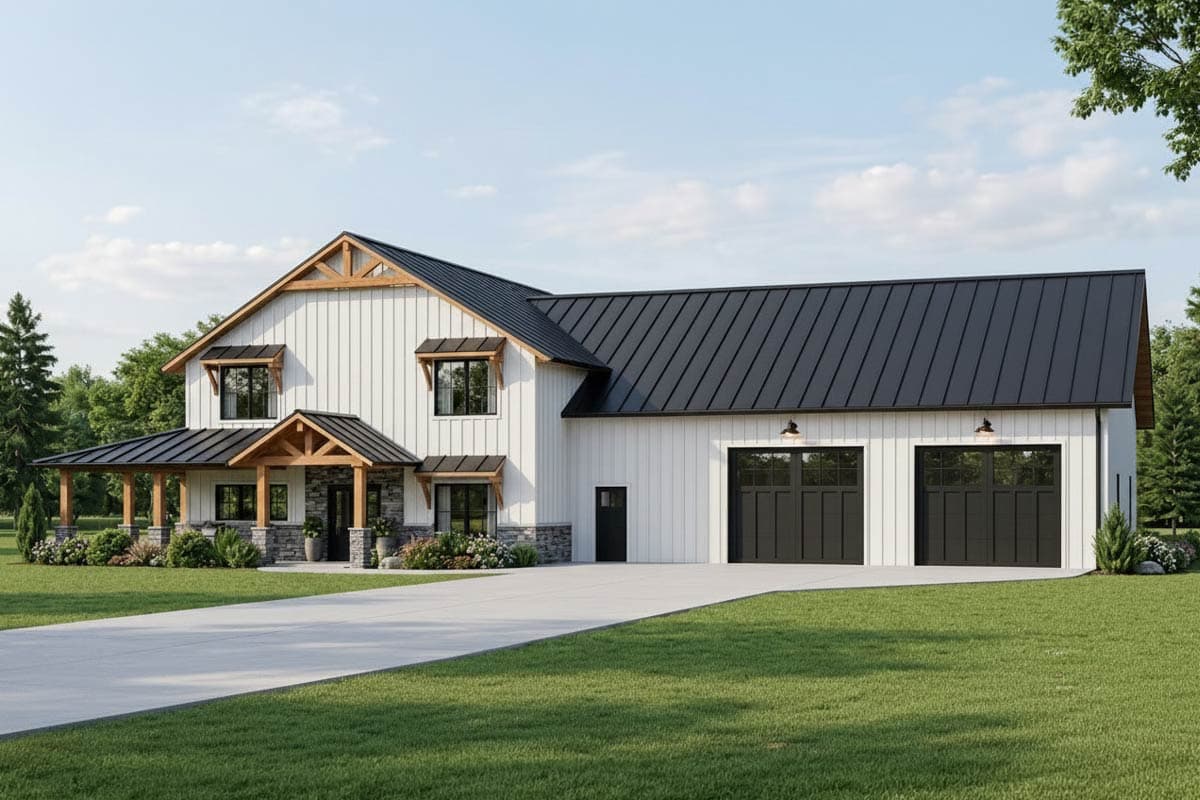 House plan exterior with board and batten siding, two stories, front porch, shed roof, and attached garage with two bays.