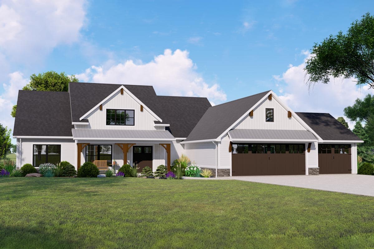 House plan exterior in Modern Farmhouse style with gables, a covered porch with exposed beams, and a three-car garage.