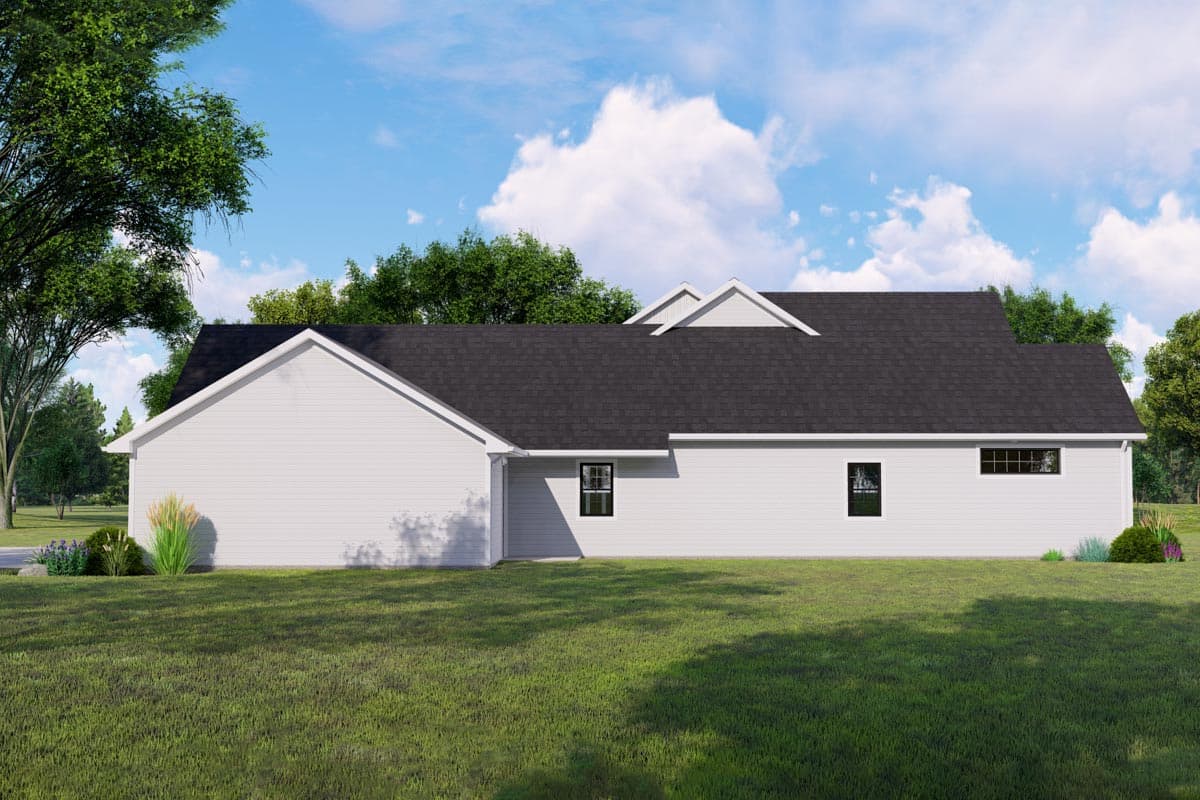 House plan exterior: one-story white vinyl siding home with gable roof, three gables, and attached garage on the left.