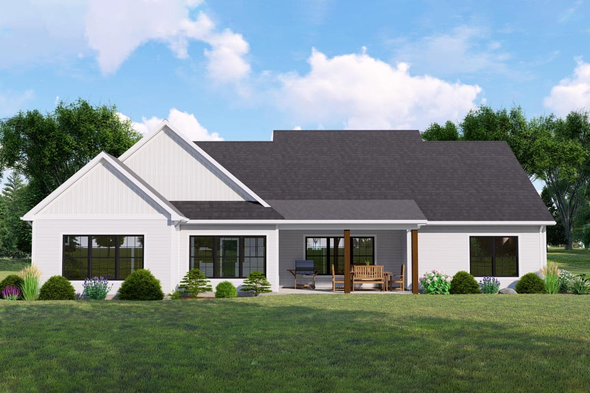 Modern Farmhouse house plan exterior, one story, with gables, board and batten siding, and covered patio.