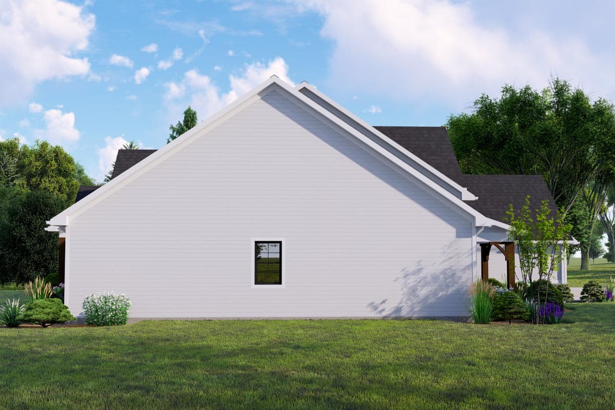 House plan exterior, side view. Modern farmhouse style with gabled roofline, white horizontal siding, and a single window.