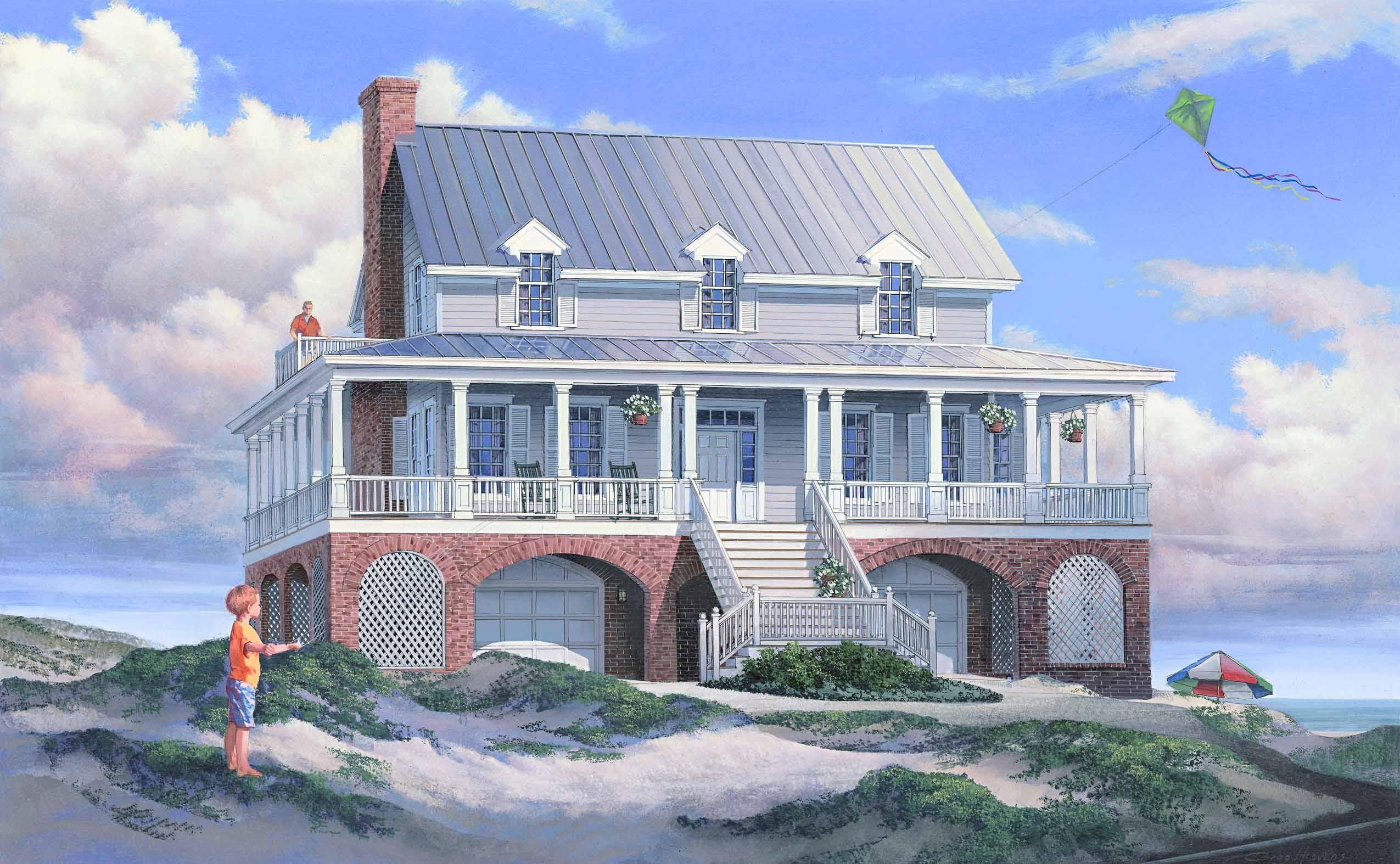 House plan exterior: two-story coastal home with wrap-around porch, brick base, arched garages, and metal roof.