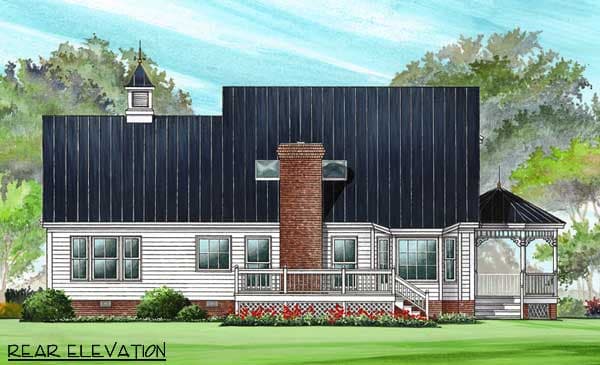 Rear elevation of a house plan with a metal roof, brick chimney, dormers, and a wrap-around porch.