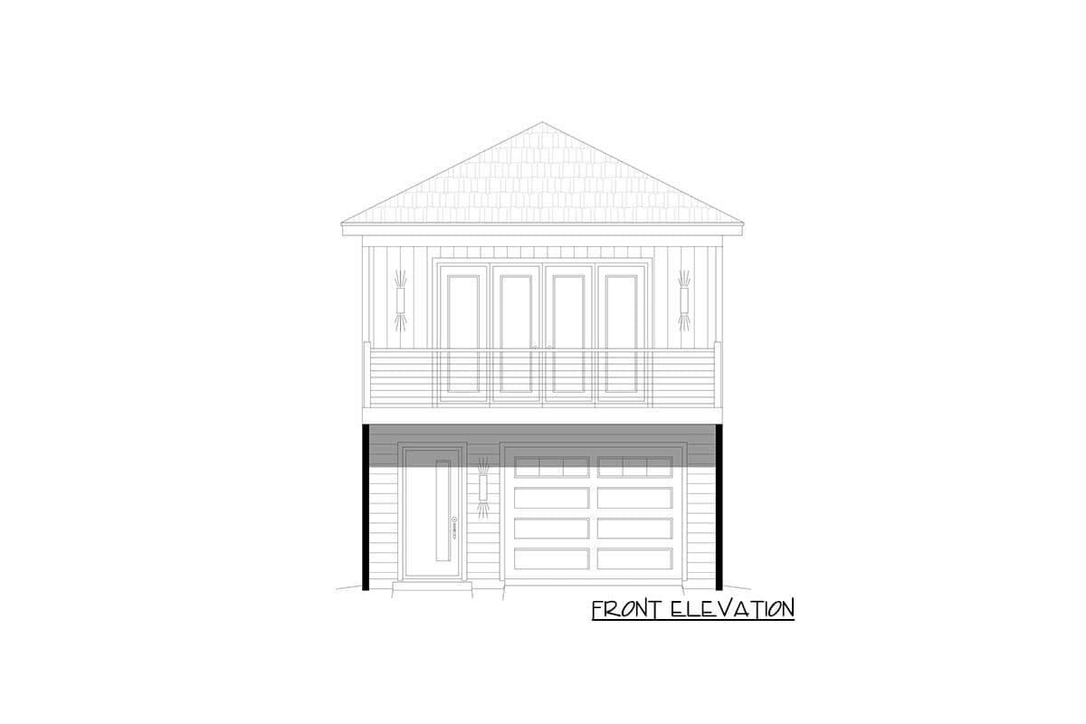 Front elevation drawing of a two-story house plan with a garage, front door, and balcony with French doors.