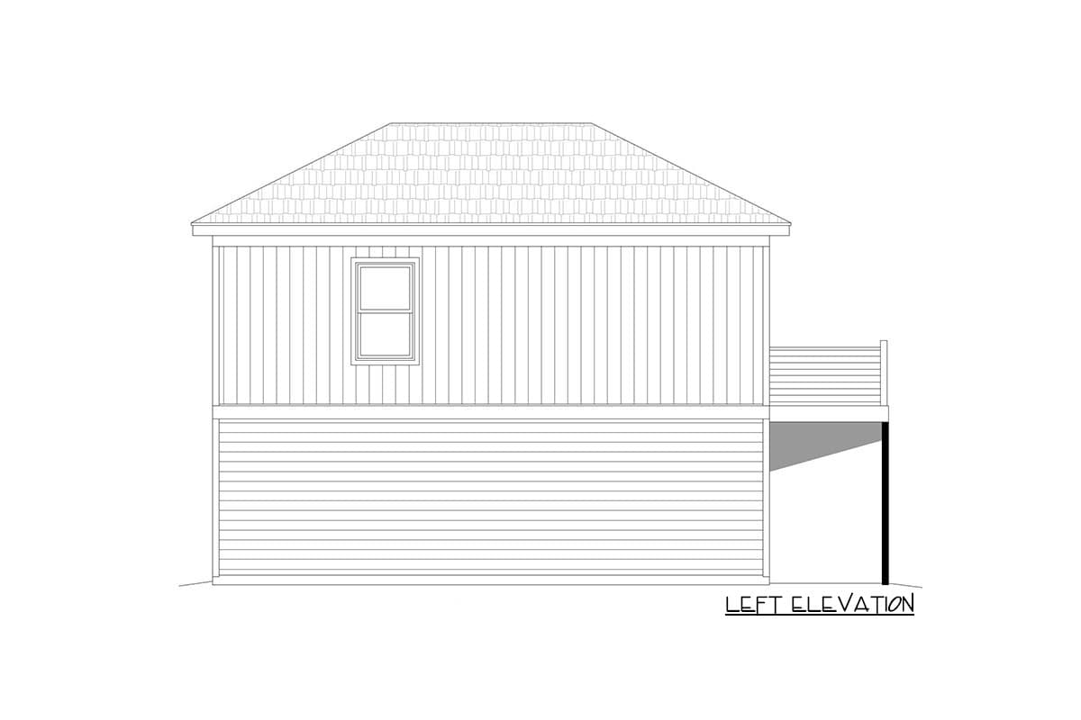 Left elevation drawing of a two-story house plan showing siding, a window, and a deck.