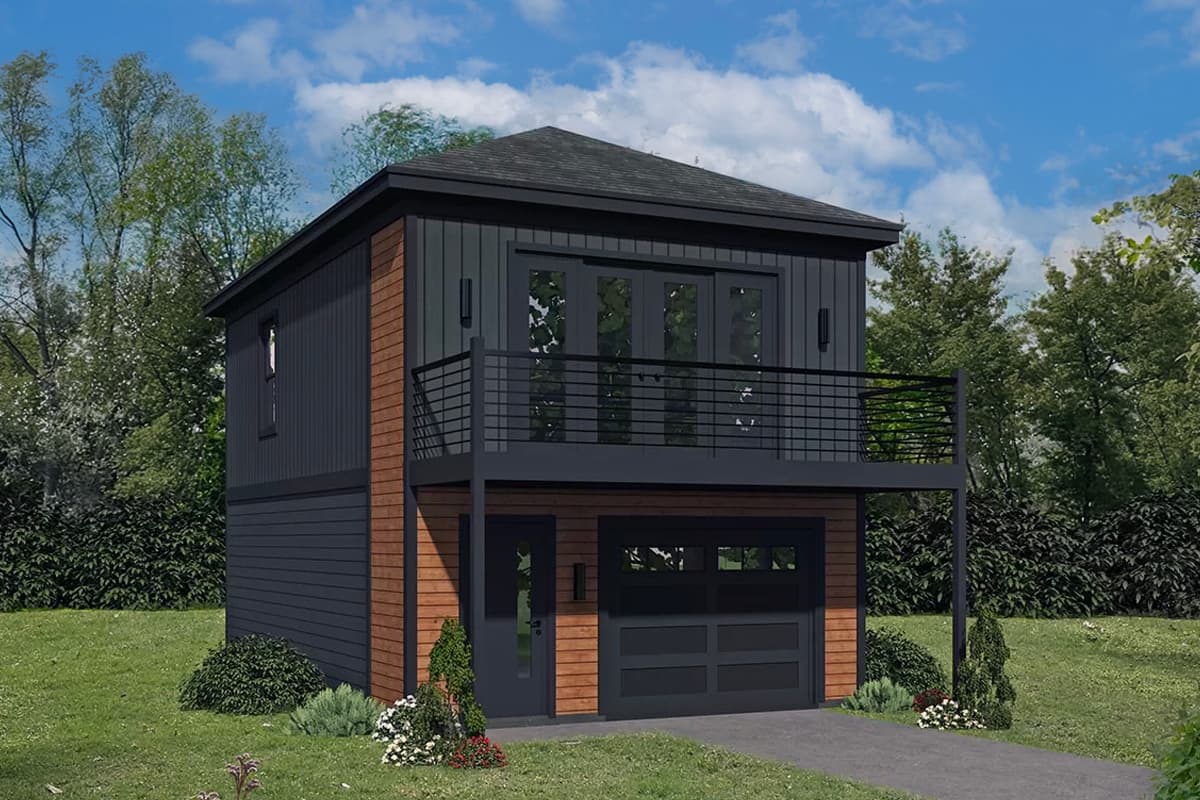 House plan exterior. Two-story Modern style with upper balcony, flat roof, and garage on the ground floor.