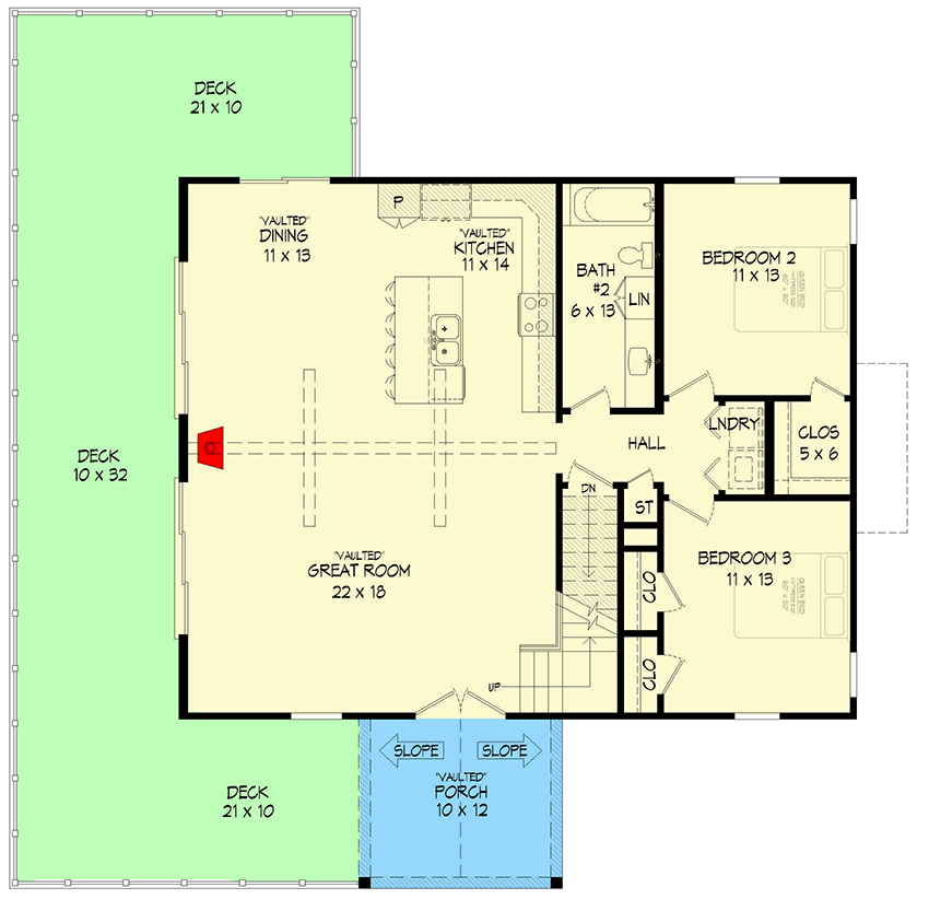 Plan 68786VR: Mountain Lake Home Plan with a Side Walkout Basement - 1736 Sq Ft - Floor Plan - Main Level - Country, Mountain, Rustic