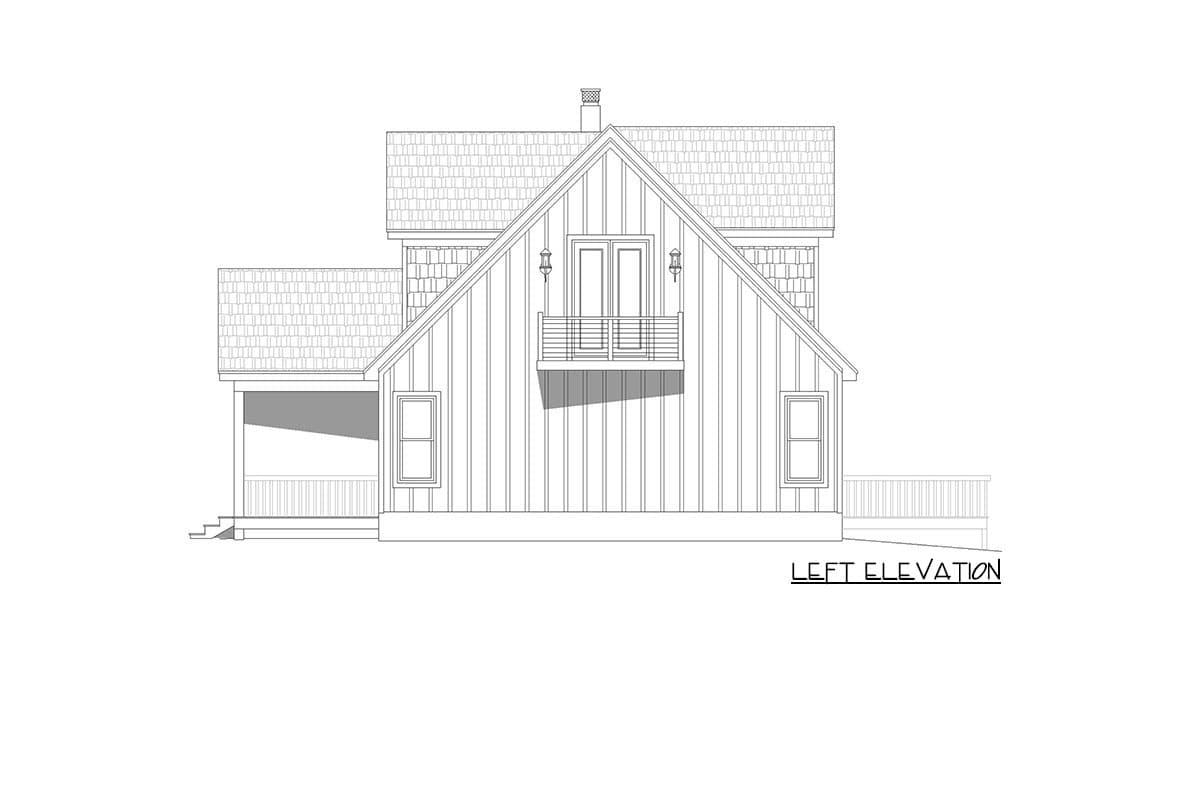 Left elevation drawing of a two-story house plan with a prominent gable, double doors, balcony, porch, and varied siding.