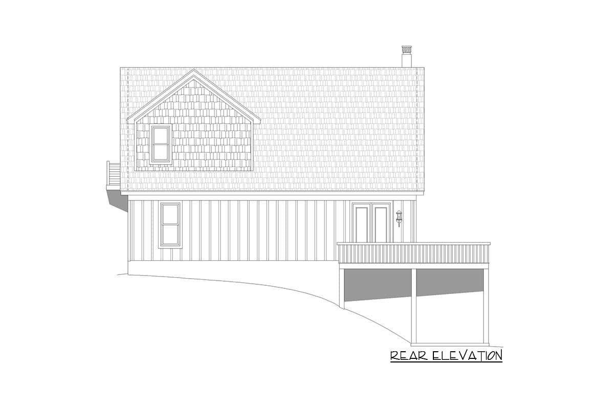 Rear elevation drawing of a house plan with vertical siding, a gable dormer, a deck, and a chimney.