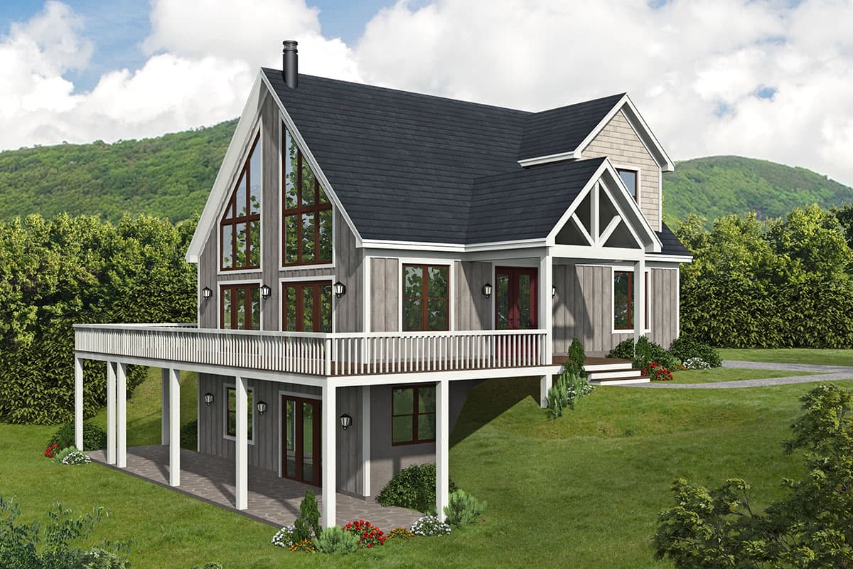 House plan exterior with two stories, a raised deck, gabled roof, and large, multi-pane windows. Features include a porch and a chimney.