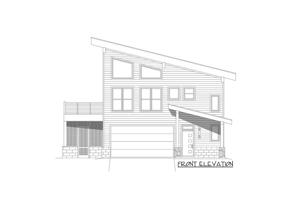Front elevation drawing of a two-story house plan with a sloped roof, multiple windows, covered entry, and attached garage.