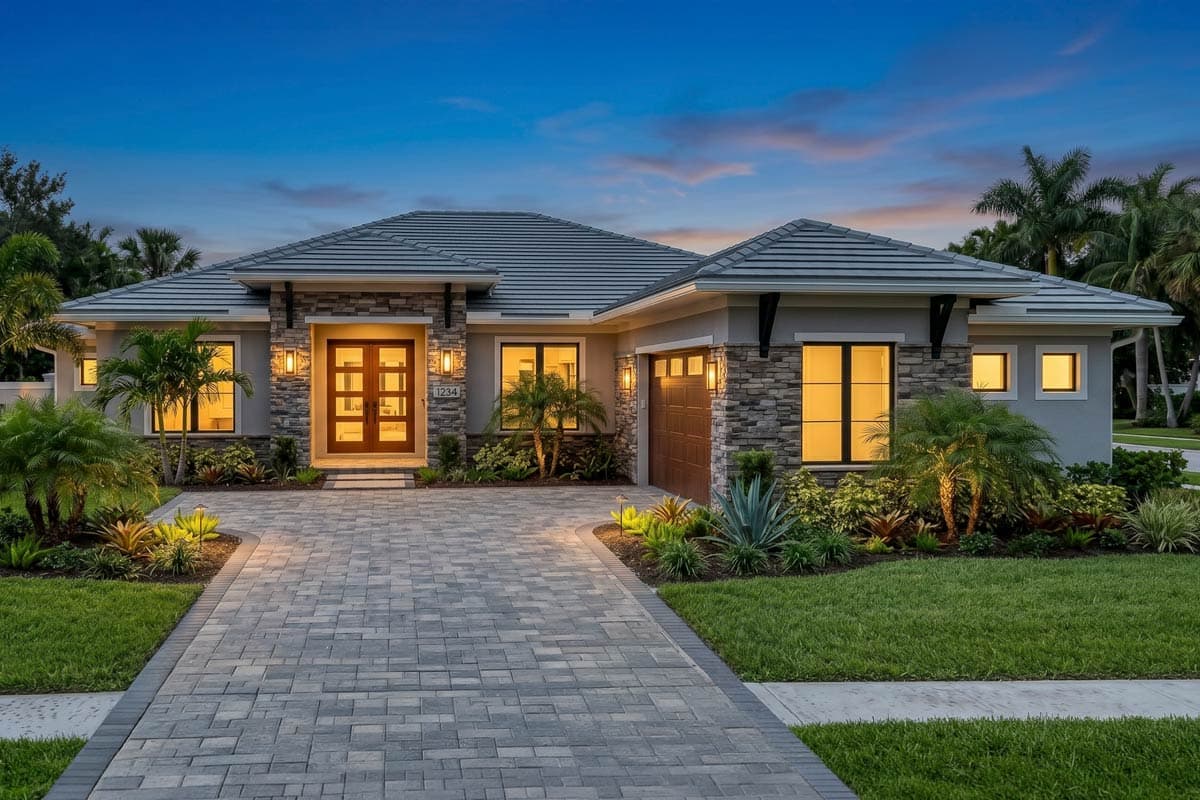 House plan exterior with stone veneer accents, flat roof, and two-car garage. Features a recessed entry with a wood door and multiple windows.