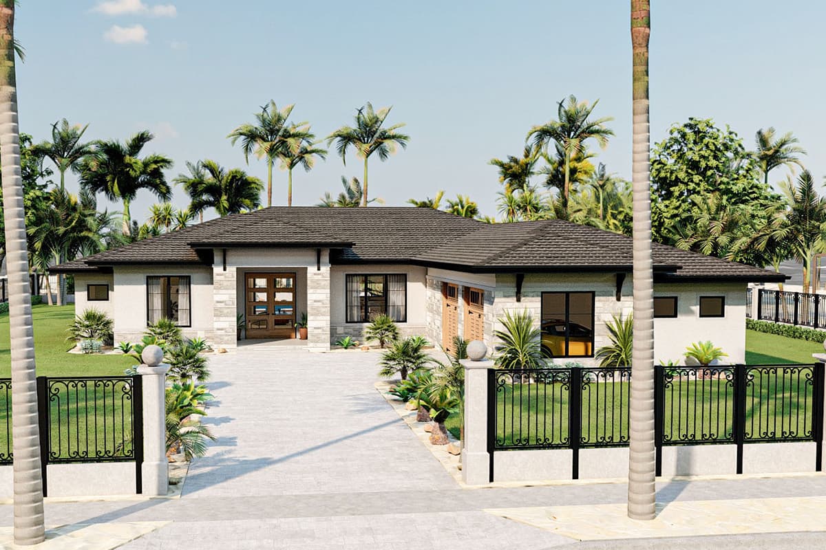 House plan exterior: Modern ranch with gabled roof, stone accents, double garage, and covered entryway.