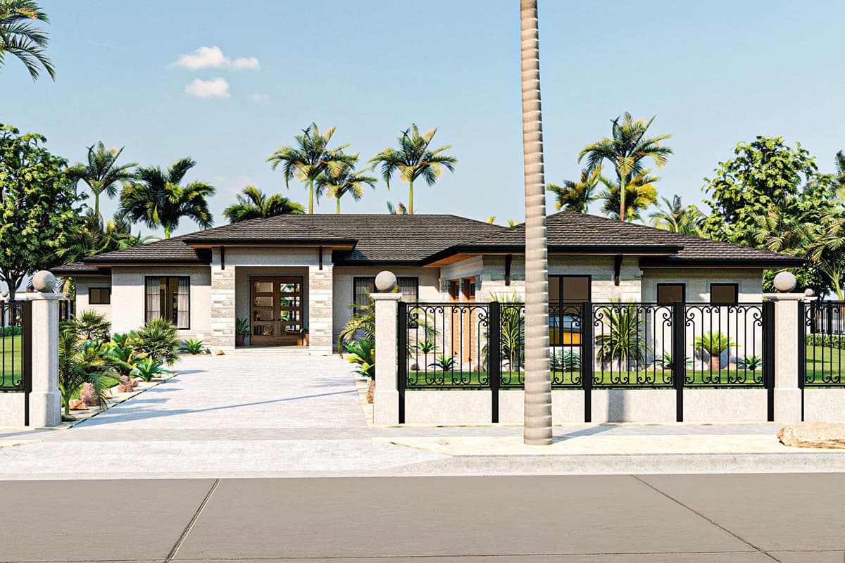 House plan exterior: single-story home with a low-pitched roof, prominent entryway with double doors, and decorative metal fence.
