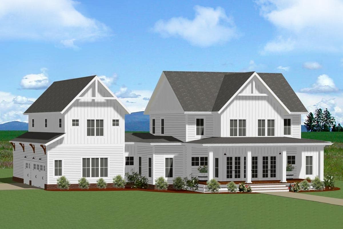 House plan exterior. Two-story Modern Farmhouse with gables, a covered porch, and a detached garage with exposed rafter tails.