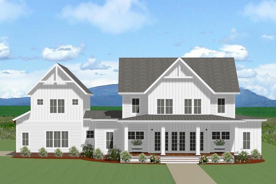 House plan exterior of two-story Modern Farmhouse with gables, porch, and board-and-batten siding.