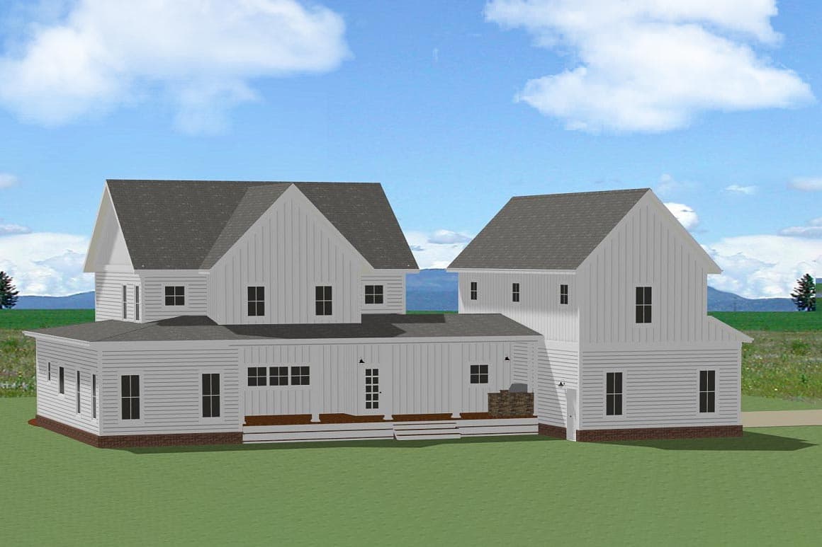 Modern farmhouse house plan exterior, two stories, white board-and-batten siding, gabled roofs, and a rear deck with outdoor kitchen.