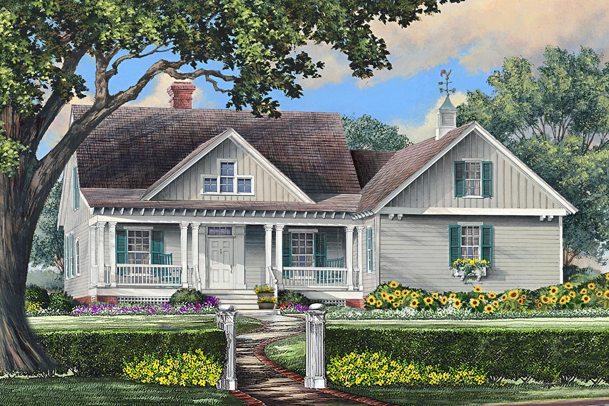 House plan exterior: Two-story Modern Farmhouse with wraparound porch, gables, dormers, and cupola.