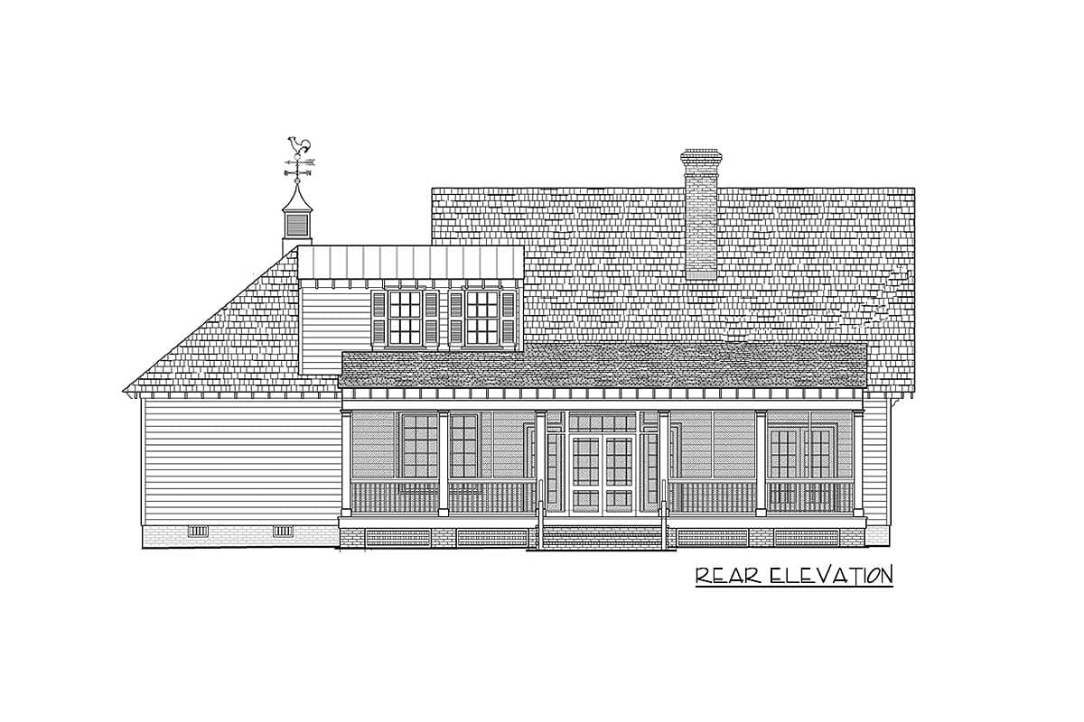 Rear elevation house plan drawing with a covered porch, double door entry, multiple windows, gables, chimney, and a weather vane.