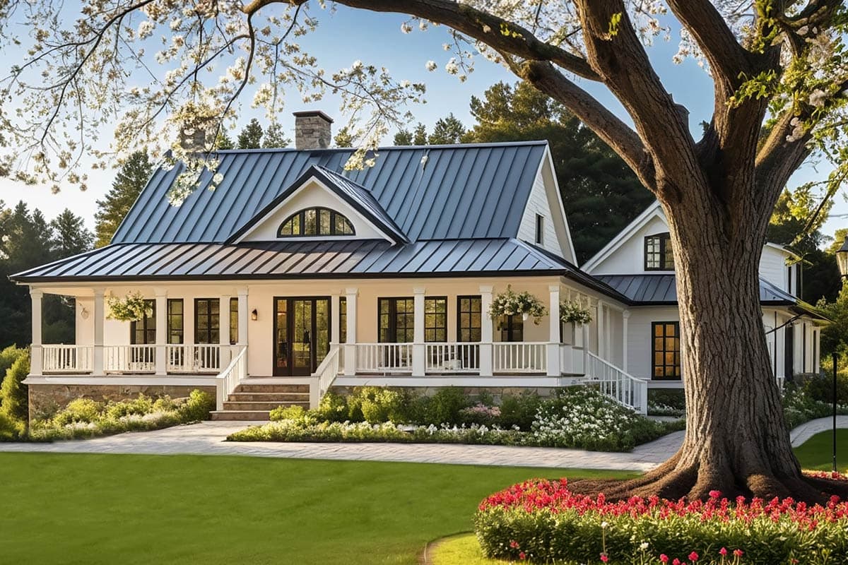 House plan exterior: Two-story Modern Farmhouse with wraparound porch, gables, dormers, and standing seam metal roof.