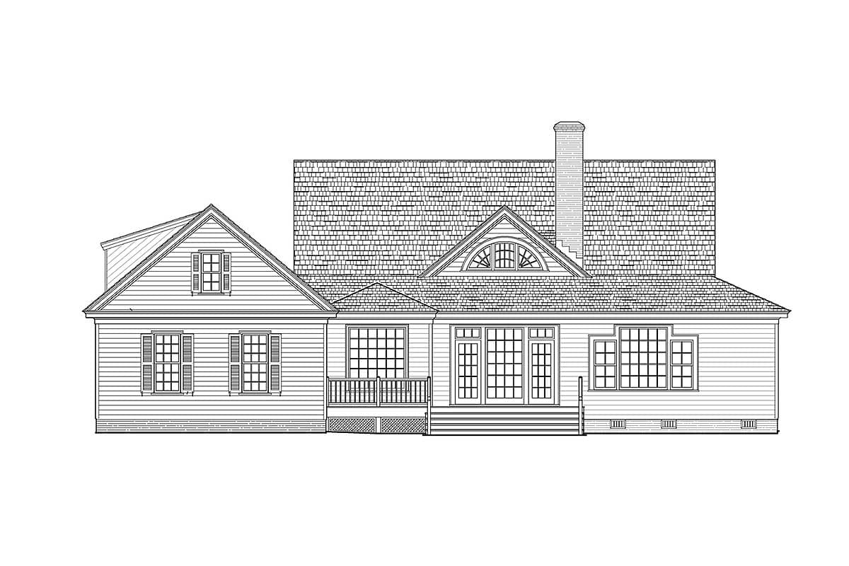 House plan rear elevation: clapboard siding, intersecting gables, arched dormer, covered porch, and a chimney.